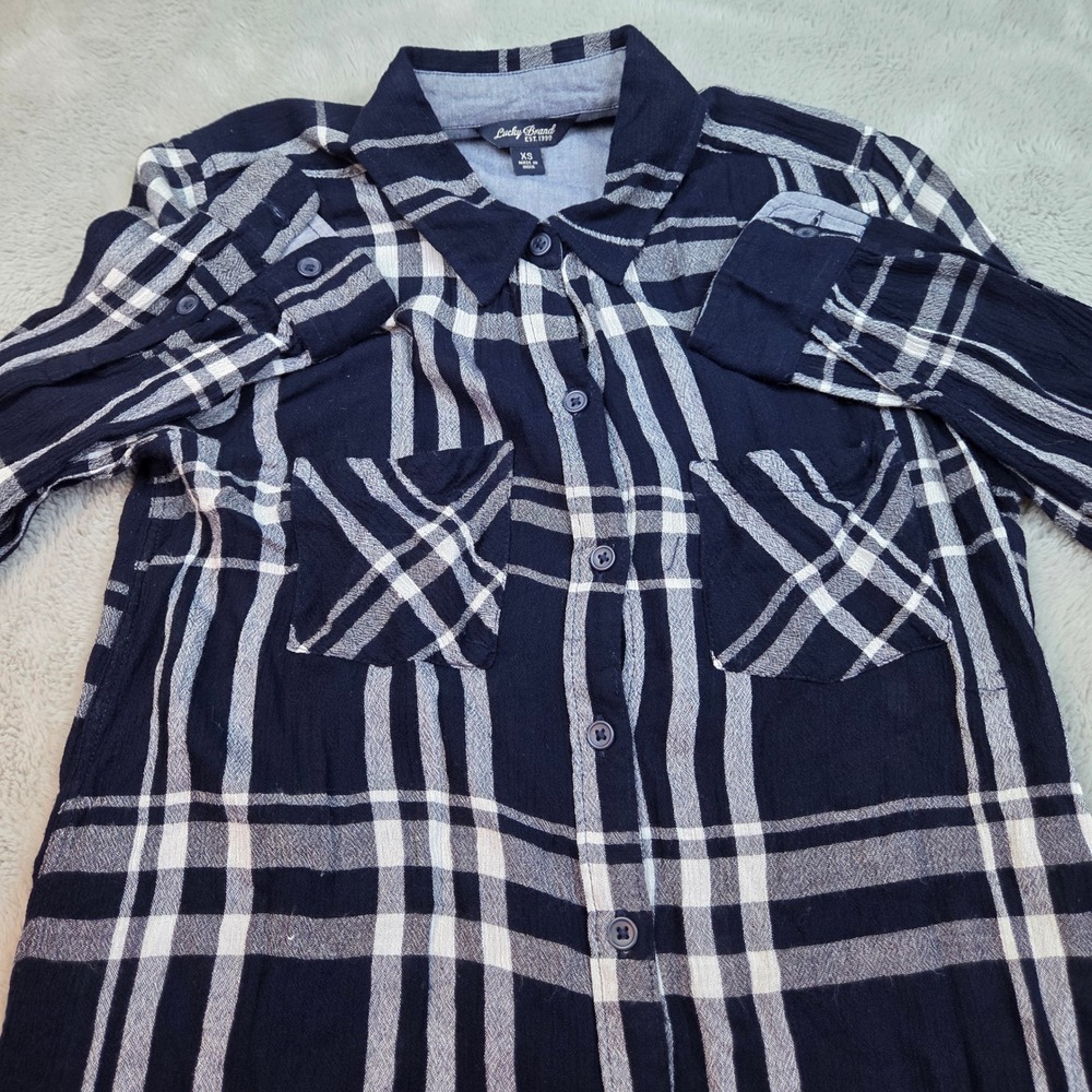 Lucky‎ Brand Plaid Button Down Women XS Navy White Long Sleeve Flannel Shirt
